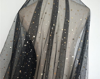 Lace fabric black tulle gold star moon sequin soft wedding lace bridal lace dress fabric veil lace 59" width by the yard