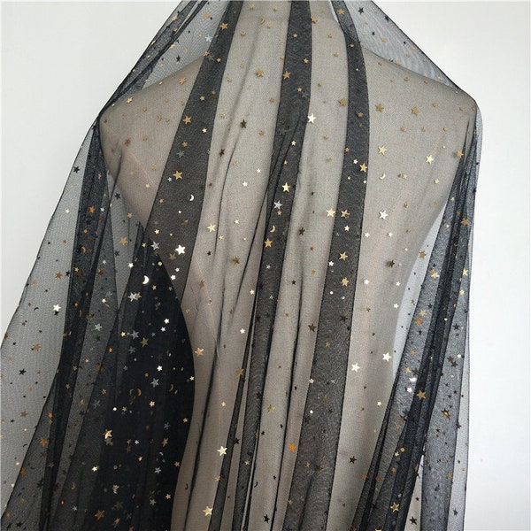 Lace fabric black tulle gold star moon sequin soft wedding lace bridal lace dress fabric veil lace 59" width by the yard