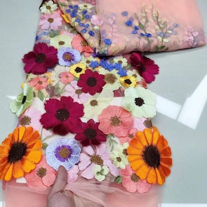 Tissu 3D en tulle brodé de fleurs denses multicolores colorés pour robe de mariée Tissu voile de mariée en dentelle 51 de large #6 pink tulle