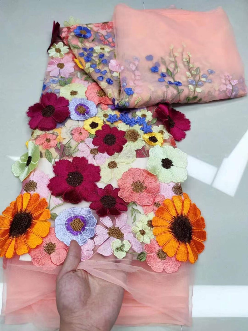Tissu 3D en tulle brodé de fleurs denses multicolores colorés pour robe de mariée Tissu voile de mariée en dentelle 51 de large #6 pink tulle