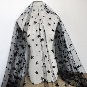 Lace fabric black flocking star embroidery tulle lace fabric wedding lace bridal lace dress fabric veil lace 59&quot; width by the yard
