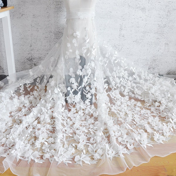 3D fleur blanc pétale floral broderie dentelle tissu mousseline de soie fleur tulle tissu pour robe de mariée, robe de bal, dentelle top demoiselle d'honneur par yard