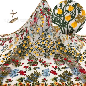Multi-Color Floral Fabric - Red/Yellow/Blue - Floral Design Embroidery Lace Fabric By Yard