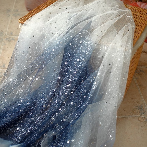 3 colors glitter Gradient star lace fabric dark blue sequin exquisite soft tulle wedding lace bridal lace dress fabric veil lace 59" width