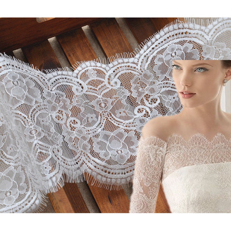 3.3 yards Lace lace Ivory Black Franch Graceful Eyelash Floral Wedding Fabric Bridal Fabric Scalloped 6.29 width