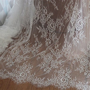 1 yard Lace Fabric Ivory Black Chantilly Franch flower Graceful Eyelash Floral Wedding Fabric Bridal Fabric Scalloped 59&quot; width