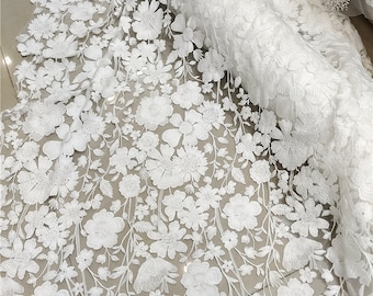 White Cotton Flower Embroidery Lace Fabric Soft Tulle Floral For Wedding Fabric Bridal Dress Fabric Gown Lace Veil Lace  51" width
