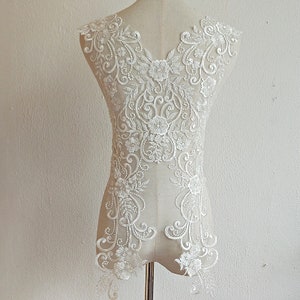 1 pc ivory bead pearl sequin flower Lace Applique exquisite embroidery bodice applique for altering Super Luxury Bridal wedding applique