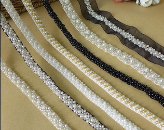 1 yard Black White Pearl Beaded Lace Trim Wedding Brial Sash Jewelry Design 1cm width