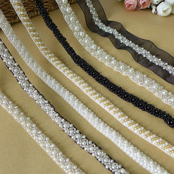 1 yard Black White Pearl Beaded Lace Trim Wedding Dress Belt Brial Sash Jewelry Design 1cm width