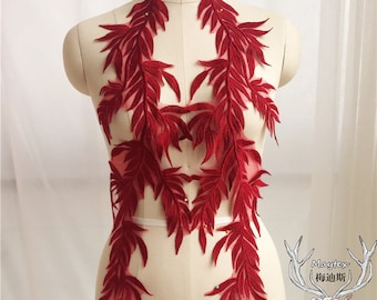 1 pair ivory red green bamboo leaf Lace Applique embroidery bodice applique for altering Super Luxury Bridal wedding applique veil applique