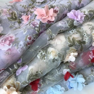 8 colors Transparent Organza Printed Fabric with 3D Rose Chiffon Flower Trim for Wedding Dress, Couture Design, Spring Dress, Hot Sale