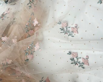 Light Pink Flocking Polka Dot Soft Tulle Lace fabric Rose Flower Embroidery Floral Metallic Bridal Gown Lace Veil Lace 51" width by the yard
