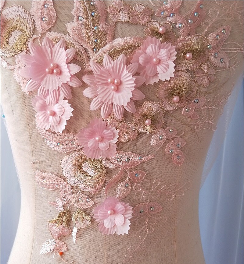 3D flower pink bead pearl Lace Applique embroidered bodice lace applique lace bodice for bridal dress altering wedding applique