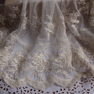 2 yards Lace trim exquisite ivory beige cotton rose flower tulle embroidery wedding lace bridal lace dress fabric 7.87&quot; width