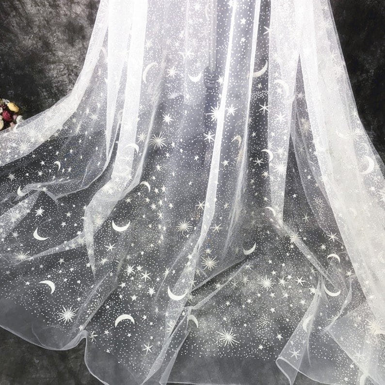 1 yard Glitter Lace Fabric Sun Moon Star Gauze Fabric White Tulle Mesh Fabric For Baby Tutu Dress, Gowns, Wedding Veil, Home Decoration 51"