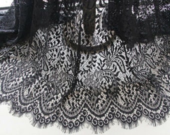 1 yard Lace Fabric Black Chantilly Franch flower Graceful Eyelash Floral Wedding Fabric Bridal Fabric Scalloped 59" width