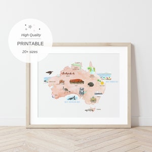 Mapa australiano para crianças, mapa infantil da Austrália, decoração de berçário da Austrália, ilustração de impressão artística australiana, mapa infantil para impressão, gênero neutro
