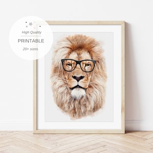 May include: A watercolor illustration of a lion wearing black-rimmed glasses. The lion has a light brown mane and a serious expression.