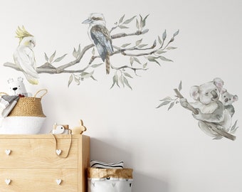 Kookaburra, Cockatoo, Wombat, Koala Gum Tree Wall Decal, Australian Animal Wall Decals, Australian Wall Decal - Fable and Fawn