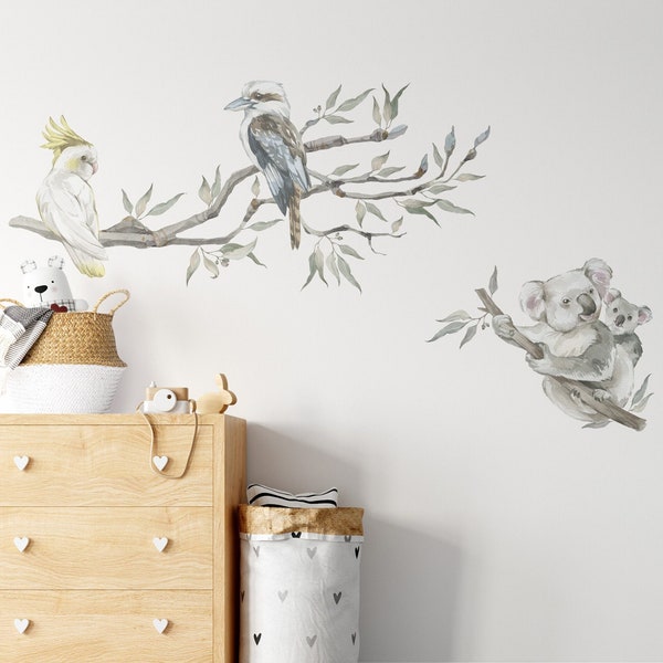 Kookaburra, Cockatoo, Wombat, Koala Gum Tree Wall Decal, Australian Animal Wall Decals, Australian Wall Decal - Fable and Fawn