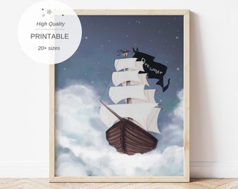 May include: A digital illustration of a ship sailing through the clouds with a black flag that says "Dreamer". The ship is brown with white sails and is surrounded by white clouds. The background is a dark blue with white stars.