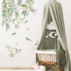 Cockatoo's & Australian Gum Tree Wall Decals, Australian Theme Nursery Decor, Wattle, Eucalyptus, Wall Decal Leaves | Fable and Fawn