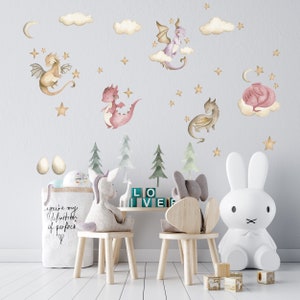Baby Dragon Wall Decals blush, Dinosaur Wall Decals, Dinosaur Wall Stickers, Girls Nursery Decor, Fable and Fawn