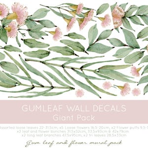 May include: A set of gum leaf and flower wall decals in a giant pack. The decals feature various sizes of leaves and flowers in shades of green and pink. The decals are perfect for adding a touch of nature to any room.