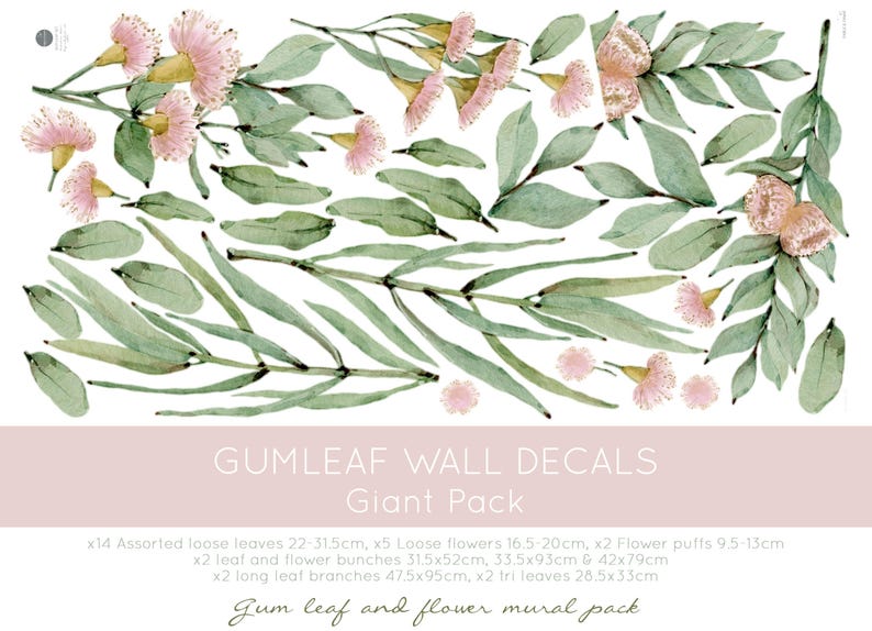 May include: A set of gum leaf and flower wall decals in a giant pack. The decals feature various sizes of leaves and flowers in shades of green and pink. The decals are perfect for adding a touch of nature to any room.