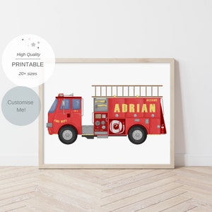 May include: A red fire truck with a ladder, the words "FIRE DEPT" and "RESCUE" and the name "ADRIAN" printed on the side.