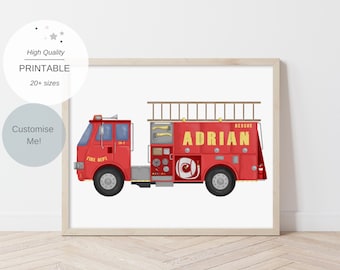May include: A red fire truck with a ladder, the words "FIRE DEPT" and "RESCUE" and the name "ADRIAN" printed on the side.