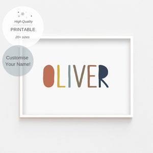 May include: A printable wall art design featuring the name "OLIVER" in colorful, stylized letters. The letters are in shades of brown, yellow, blue, and gray.