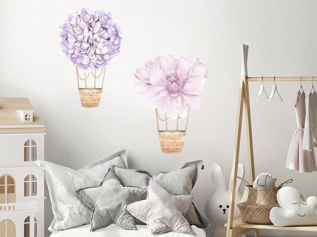 Floral Hot Air Balloon, Purple Wall Decal, Flower Decals, Peony Wall ...
