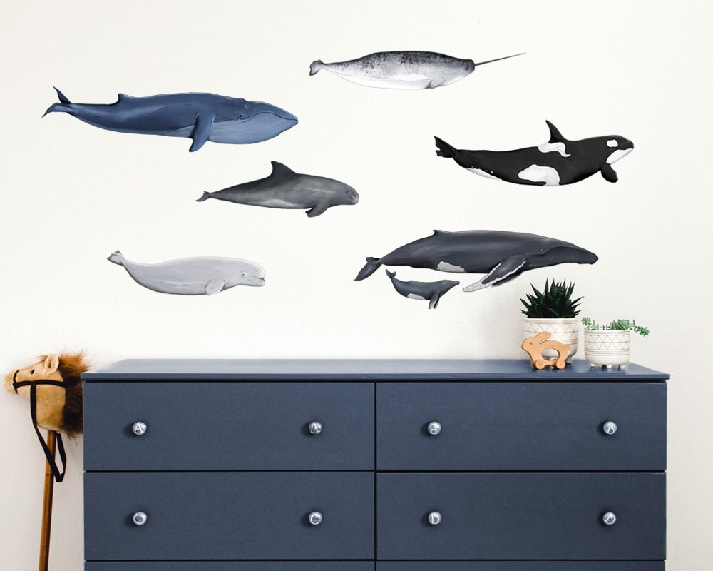 Fabric Decal, Whale Wall Decals, Ocean Wall Decal, Toddler Watercolour Room Decor, Animal Wall Stickers, Blue Nursery Decor, Nursery Whale