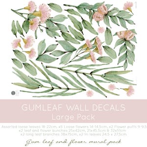 May include: A set of gum leaf and flower wall decals in a large pack. The decals feature assorted loose leaves, loose flowers, flower puffs, leaf and flower bunches, long leaf branches, and tri leaves. The decals are perfect for adding a touch of nature to any room.