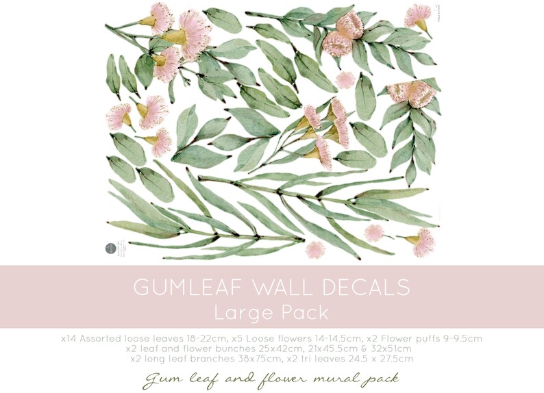 May include: A set of gum leaf and flower wall decals in a large pack. The decals feature assorted loose leaves, loose flowers, flower puffs, leaf and flower bunches, long leaf branches, and tri leaves. The decals are perfect for adding a touch of nature to any room.