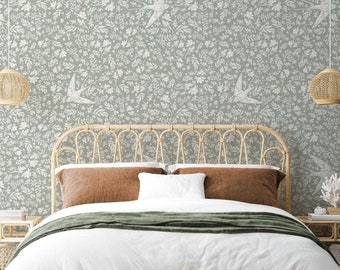 Little Birdie Floral Wallpaper (Olive) - Fable and Fawn