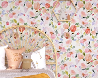 Lady Bug Floral Wallpaper - Removable Fabric Wallpaper for Nursery or Kids Room - Fable and Fawn - Removable, No Glue.