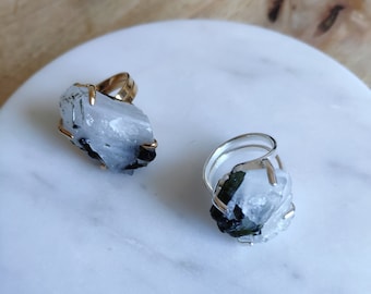 Crystal with Tourmaline Ring Natural Stone Handmade Jewellery Adjustable