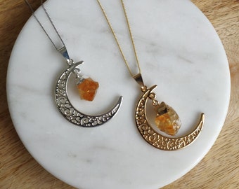 Crescent Moon Citrine Gemstone Pendant Necklace, Handcrafted Charm