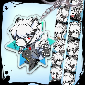 Puede incluir: Un personaje de lobo blanco con ojos rojos y un collar negro, que lleva un atuendo negro y gris, se muestra en un amuleto de acrílico en forma de estrella. El amuleto está unido a una cadena plateada. La imagen también muestra una tira de imágenes del personaje de lobo con diferentes expresiones.