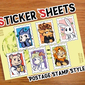 Puede incluir: Una hoja de pegatinas con varios personajes de animales de dibujos animados en estilo de sello de correos. Los personajes incluyen un lobo, un ciervo, un conejo, un oso, una oveja y un león. Las pegatinas están impresas sobre un fondo blanco con un borde amarillo.