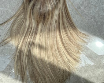 8 x 8" mensenhaartopper met zijden basis, Balayageblond geaccentueerde kleur echt haarstukje voor vrouwen dunner wordend haar