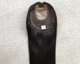 16" 6x6.5" Natural Black European Human Hair Toppers, Handtied Silk Base Toupee