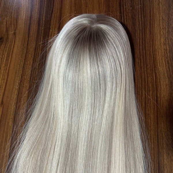 Platinium Blonde 16" 8x8"  Silk Base European Human Hair Topper, Luxious Quality Silk Hair Toupee For Women Thinning Hair