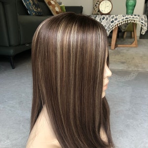 Stock Medium Brown With Highlights Silk Base Human Hair Topper, Luxious Quality 16&quot; 8x8&quot;  Silk European Hair Toupee  4-6/8-12