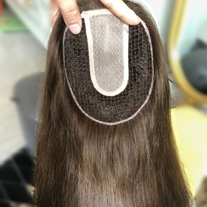 16&quot; Brown European Virgin Hair Topper: Silk Part, Fishnet Integration