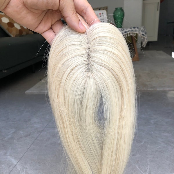Platinblonder kleiner Echthaar-Topper; 2x3" Monofilament-Basis #60 europäischer Virgin-Haaraufsatz für leicht voluminöses Haar