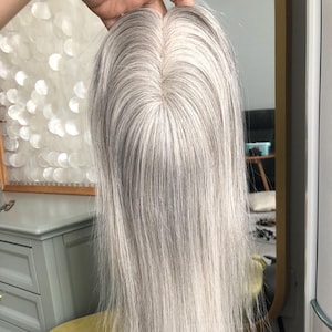 Salt & Pepper Human Hair Topper: Silver Blonde Gray, Brazilian Virgin Hair 3x5&quot; Mono Top